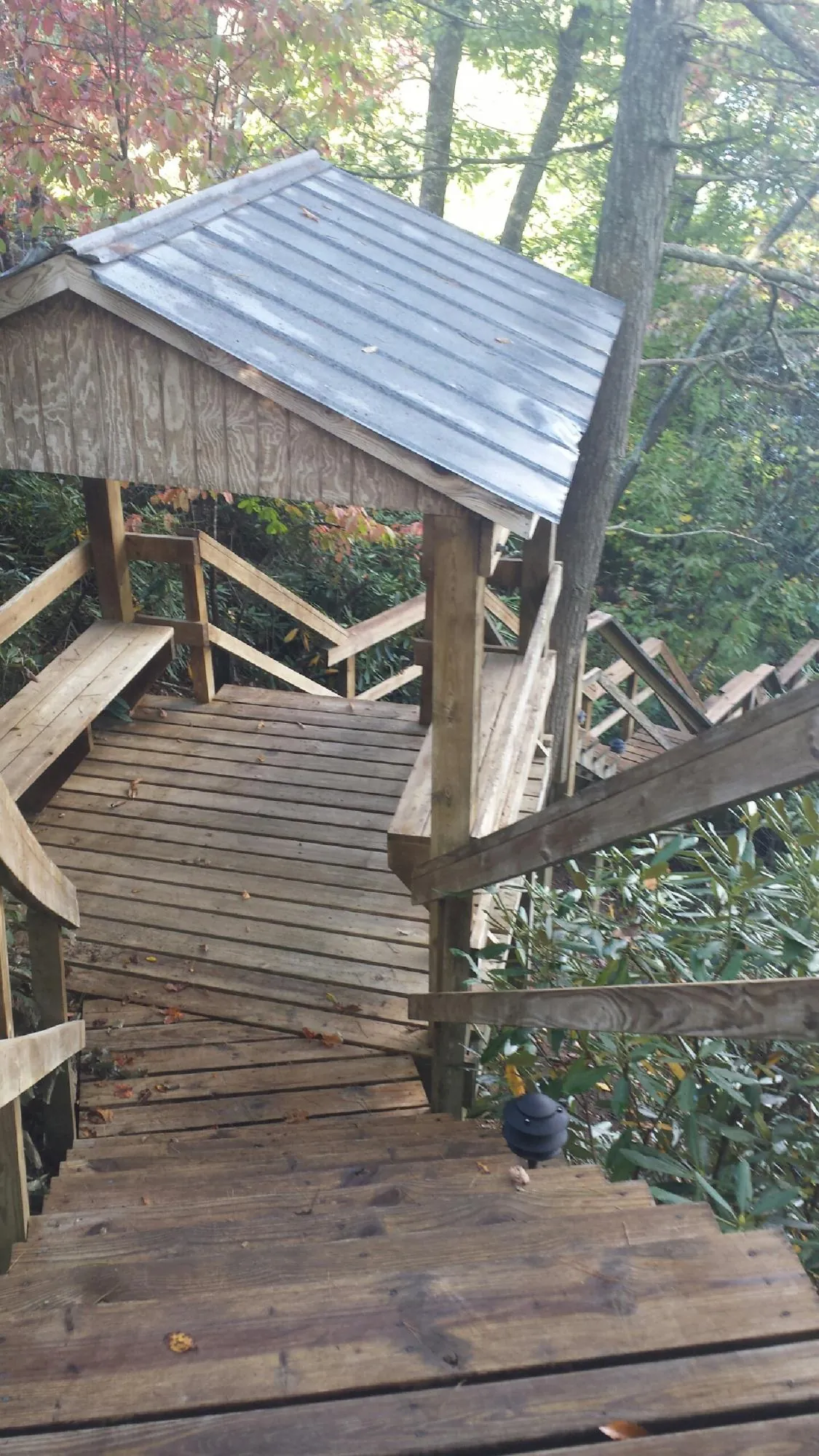 Metal roofed shelter over wooden steps on a wooded walkway — Skylight Repair & Installation work by our crew in Minetto